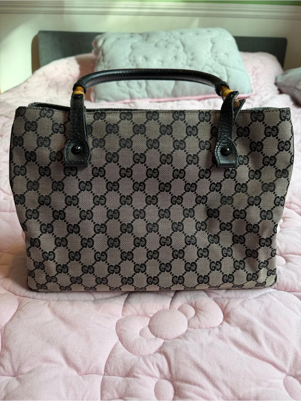 Gucci Black & Grey GG Canvas Tote with Bamboo Accents